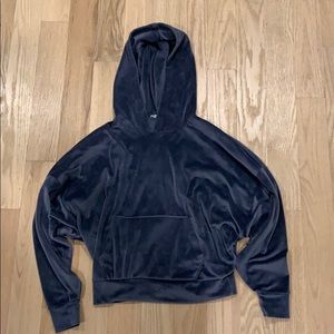 a cropped, velvet, hooded sweatshirt